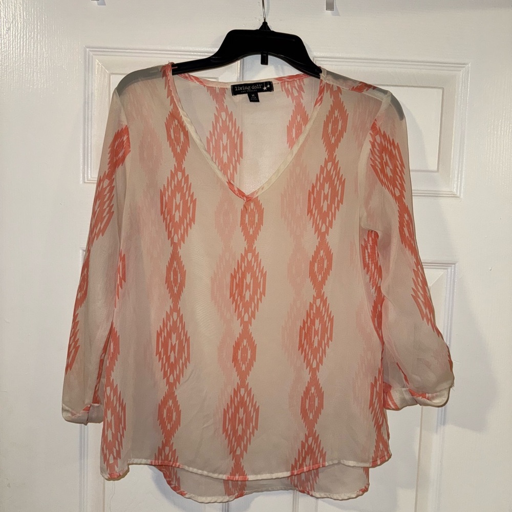 Living Doll Sheer White and Peach Diamond Patterned Blouse - Size M